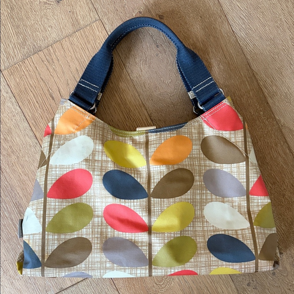 Orla Kiely Multicolor Leaf Print Shoulder Bag with Navy Handle